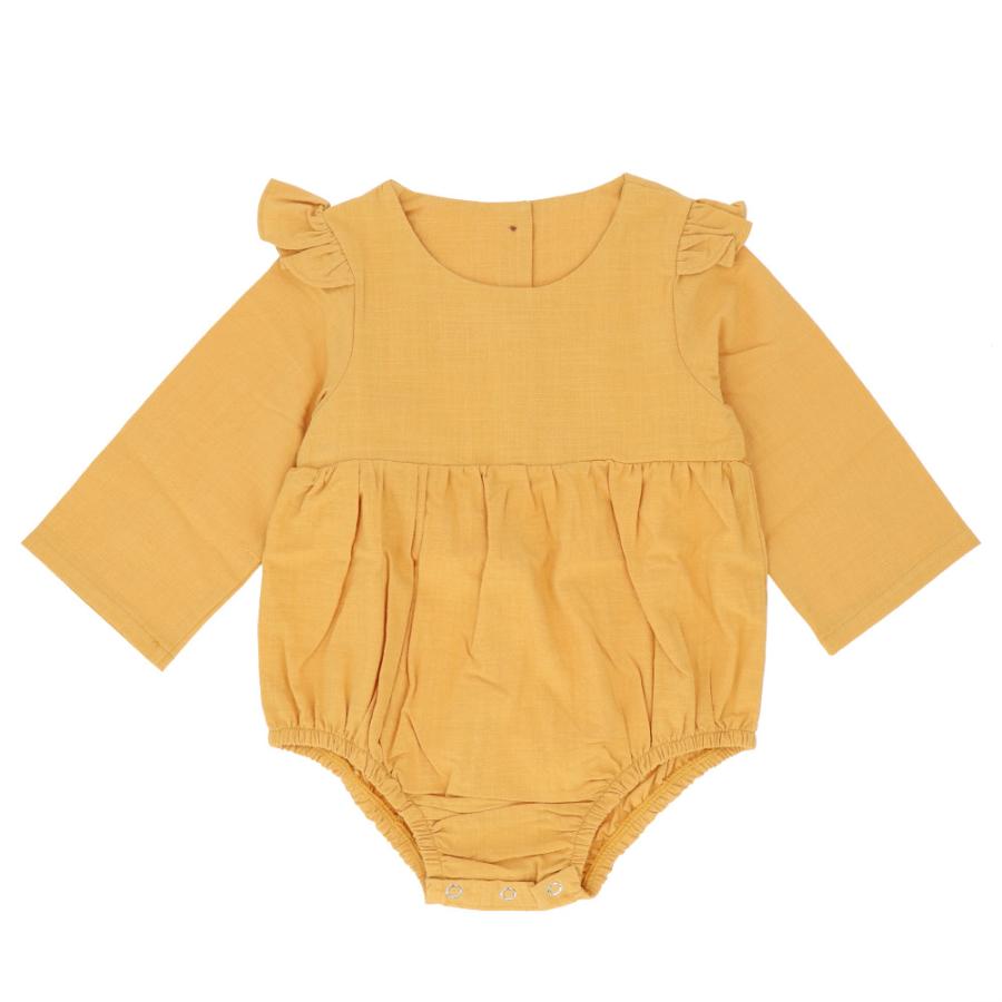 ☆イエロー☆90cm☆ベビーロンパース 肩フリル krompers03 ロンパース 女の子 ベビー服 ベビーロンパース 長袖 赤ちゃん ベビー用品