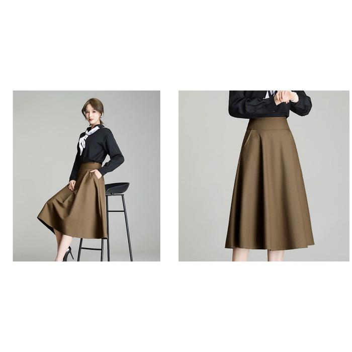 ☆ キャメル Mサイズ フレアスカート ミモレ丈 春秋冬 kskirt003