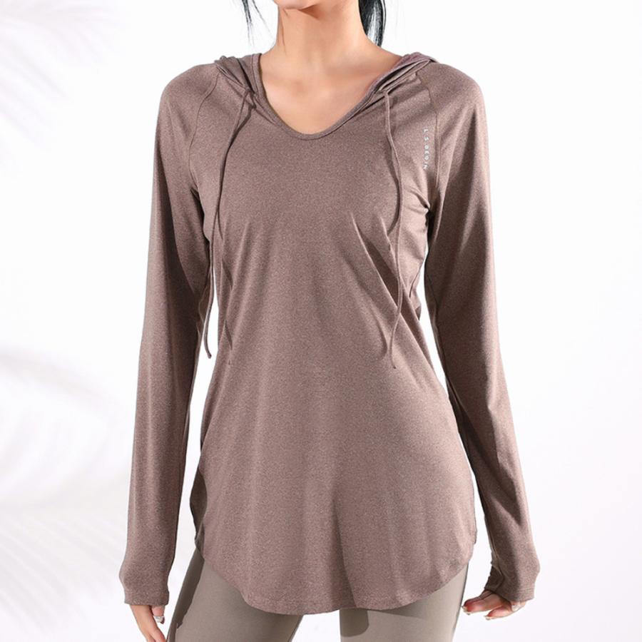 ☆ブラウン☆XLサイズ☆ヨガ ウェア トップス 長袖 kyoga024 ヨガウェア トップス 長袖 レディース フード付き Vネック パーカー