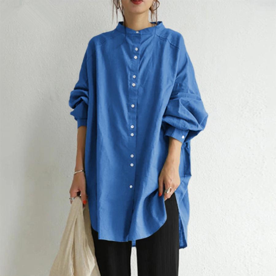 ★ブルー★XLサイズ★ロングチュニック lyblushirt シャツ レディース チュニック ブラウス ロングシャツ 長袖 ロング 長袖シャツ