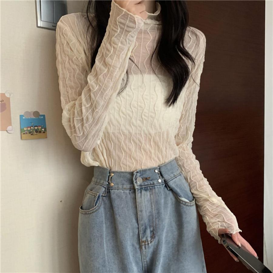 ☆ベージュ☆カットソー シースルー カットソー レディース 長袖 シャツ 薄手 メッシュ レース シアー タートルネック フリルネック