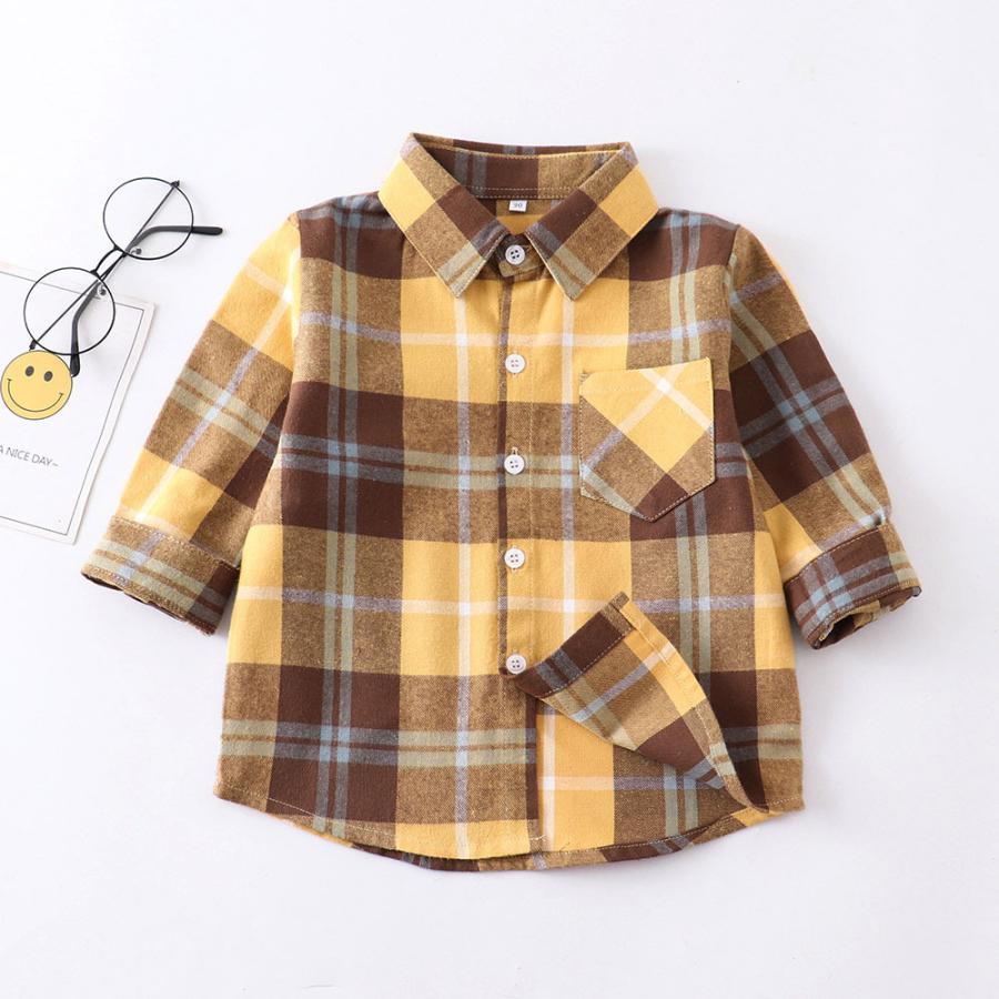 ☆ブラウン×イエロー☆120cm☆シャツ lykidche3 ネルシャツ キッズ 子供 こども 子ども ジュニア 長袖 長そで チェックシャツ 秋 冬