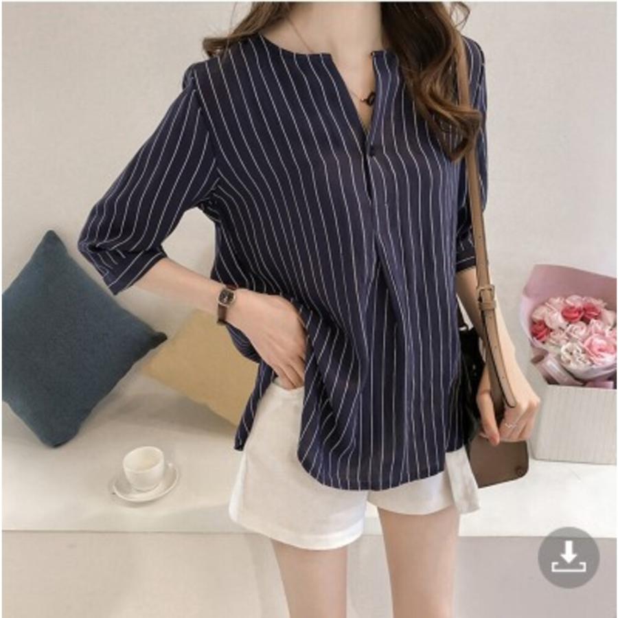 ☆ネイビー☆Lサイズ☆シャツ lysh1501 ブラウス 七分袖 レディース シャツ シャツブラウス レディースシャツ ポリエステル v ネック