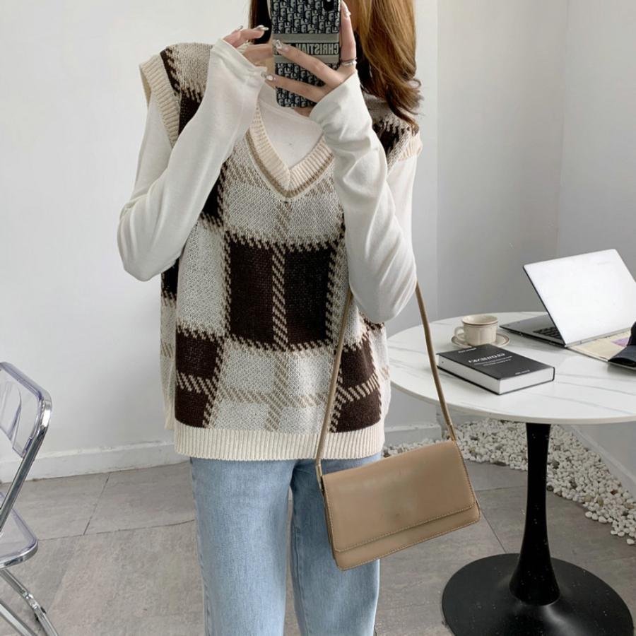 ☆ ブラウン チェック柄ニットベスト Vネック mmcheckv27h ニット