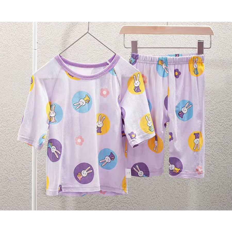☆ウサギ☆110cm☆子供服 nag220418 パジャマ 上下セット 夏 キッズ ルームウエア ７分袖 ７分丈 パンツ ハーフパンツ