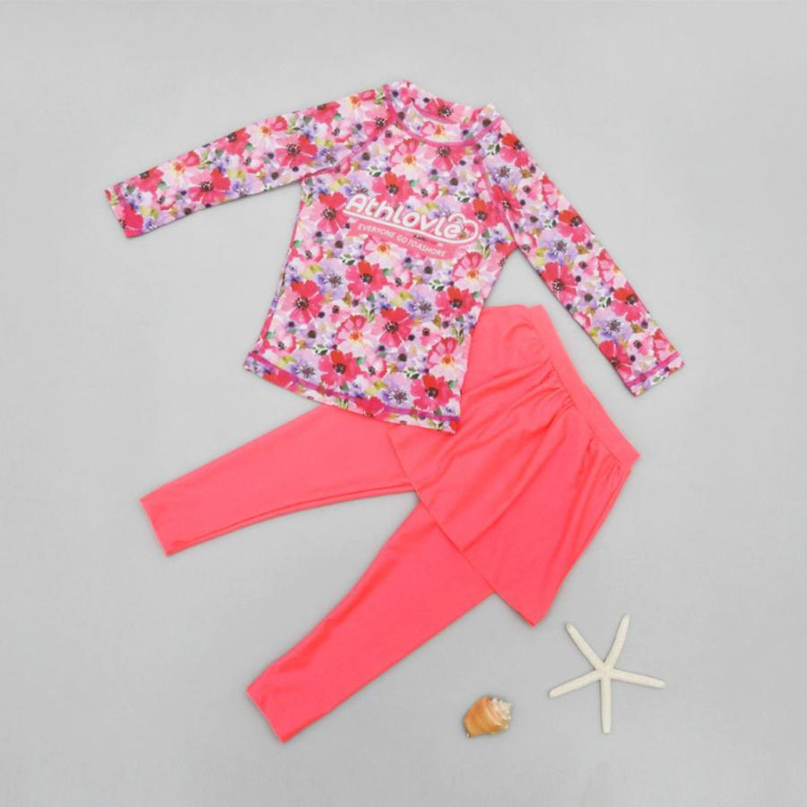 ☆ピンク×フラワー☆L☆キッズ長袖水着セット namizugik5000 水着 女の子 セパレート 上下セット 上下 2点セット