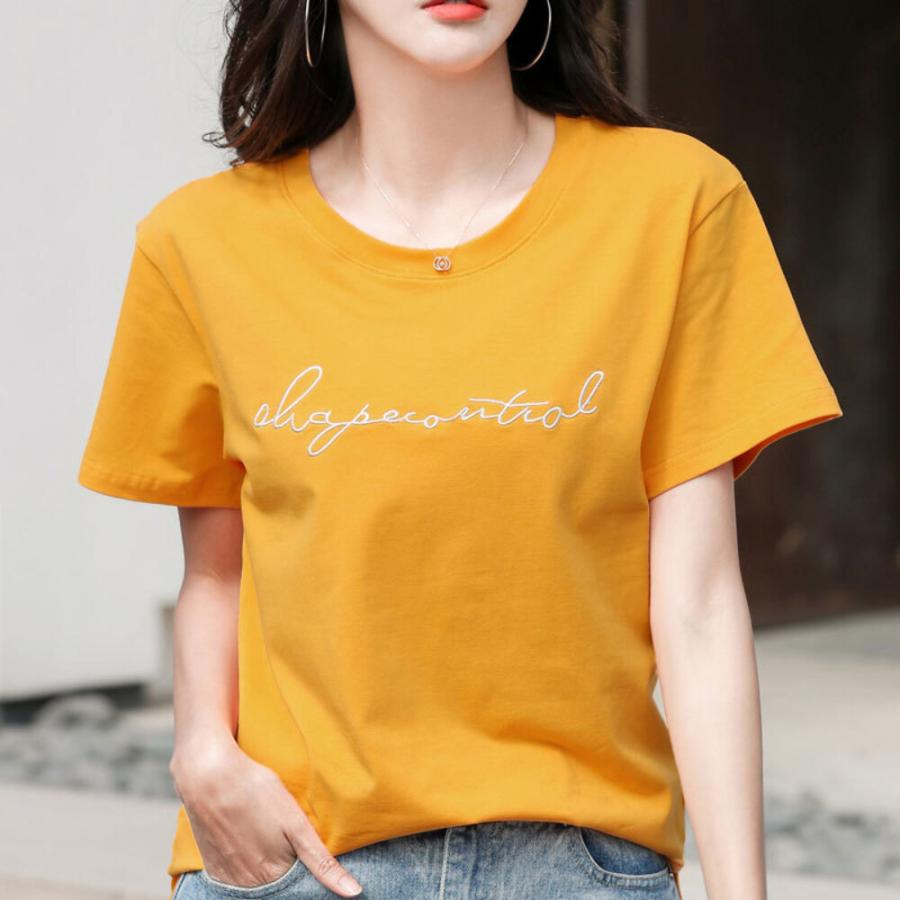 ☆イエロー☆S☆Tシャツ レディース クルーネック 刺繍 半袖 oudgzr263 Tシャツ レディース 半袖 カットソー 丸首 部屋着 普段着