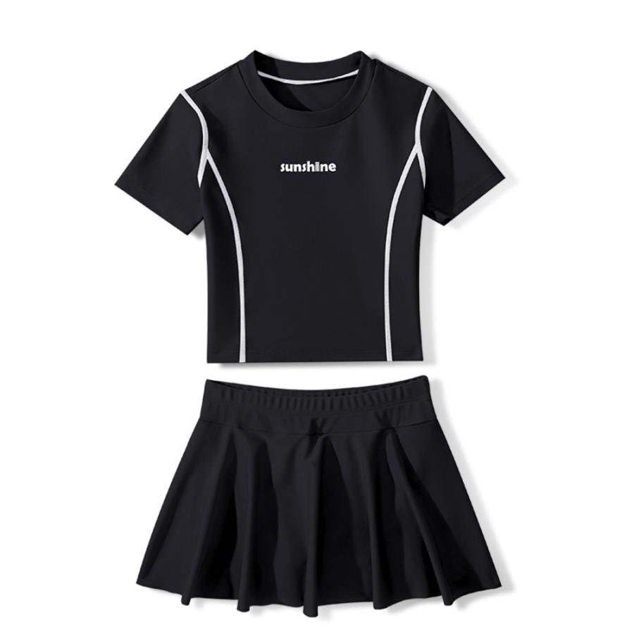 ☆ブラック☆L☆キッズ 水着 2点セット pk32017 キッズ 水着 セパレート 女の子 半袖 スカート スイムウェア キッズ水着