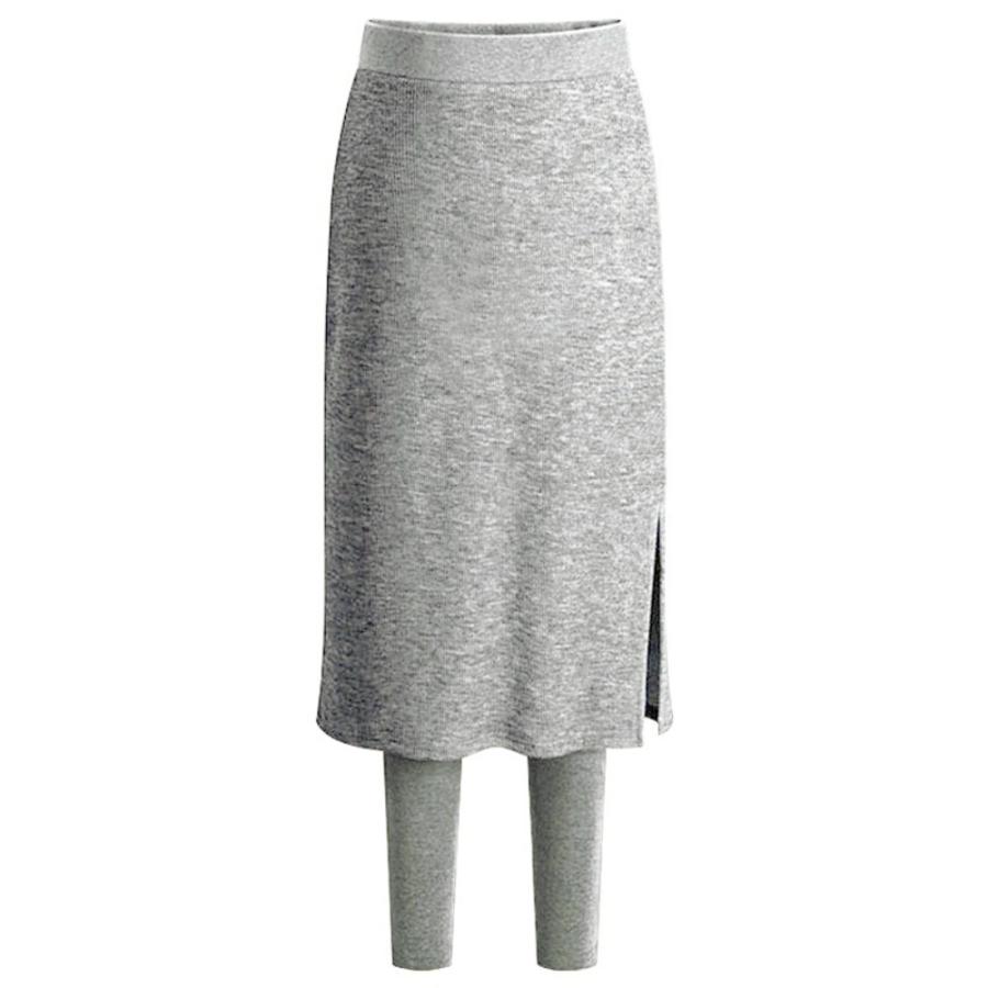 ☆ライトグレー☆XLサイズ ウエストゴム スカート ひざ丈 レディース 膝丈 タイトスカート 裏地起毛 裏起毛 スリット レギンス付