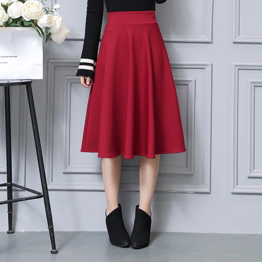 ☆ ワインレッド L ミモレ丈 フレア スカート Aライン ミドル丈 A