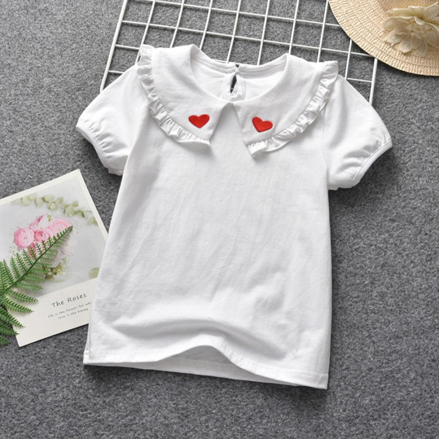 ☆ホワイト☆130cm☆丸襟 カットソー キッズ 半袖 pmybrows007 丸襟 カットソー キッズ 半袖 ブラウス Tシャツ 襟 フリル ハート