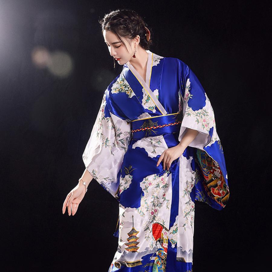 ☆ 3ダークブルー 花魁風 着物 ドレス 着物風ワンピース 着物風 仮装