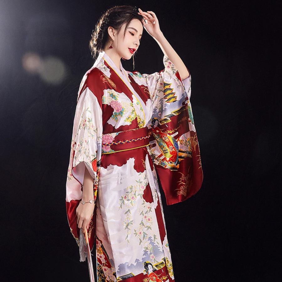 ☆ 6ワインレッド 花魁風 着物 ドレス 着物風ワンピース 着物風 仮装