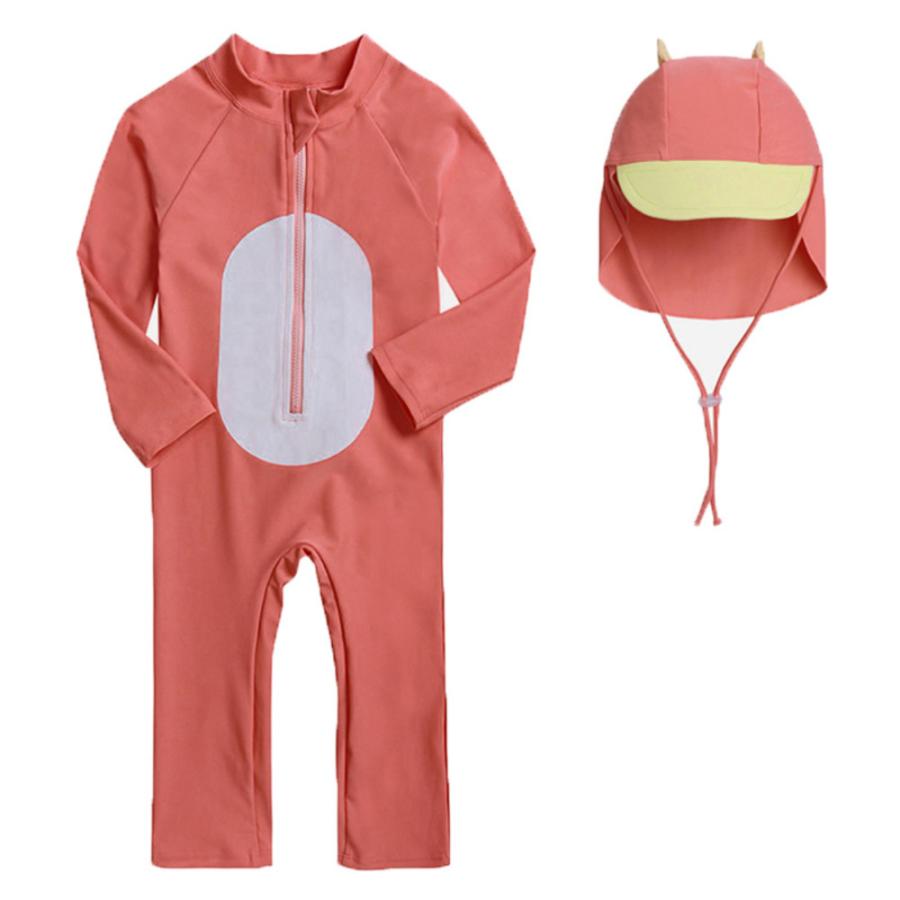 ☆オレンジレッド☆10 (120-130cm) ☆水着 キッズ キャップつき pmykswim004 長袖 水着 キッズ 子ども水着 スイムウェア ベビー