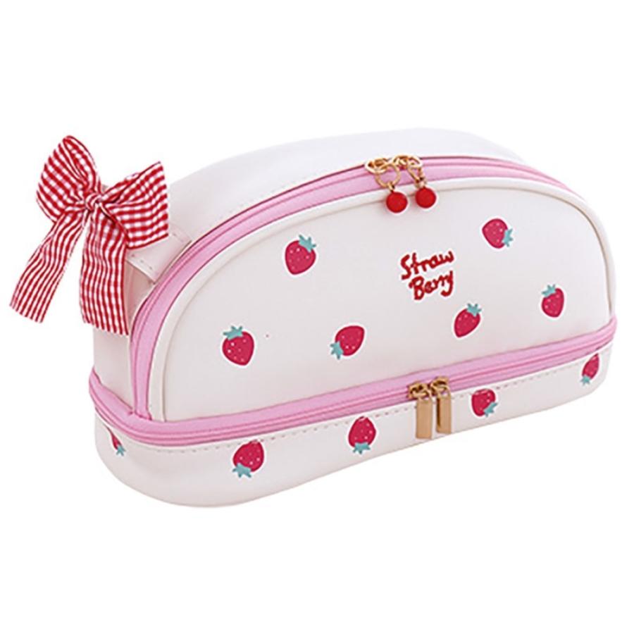 ☆ ホワイト 白色 チェックリボン付きいちご柄大容量ペンポーチ