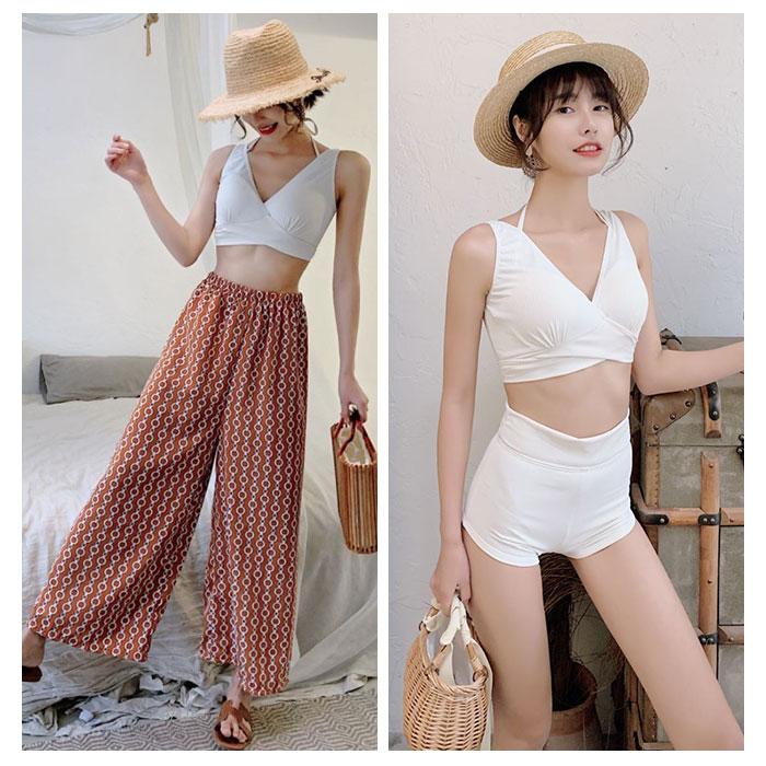 ☆ D×ホワイト M 体型カバー水着 ワイドパンツ 3点セット 水着 体型