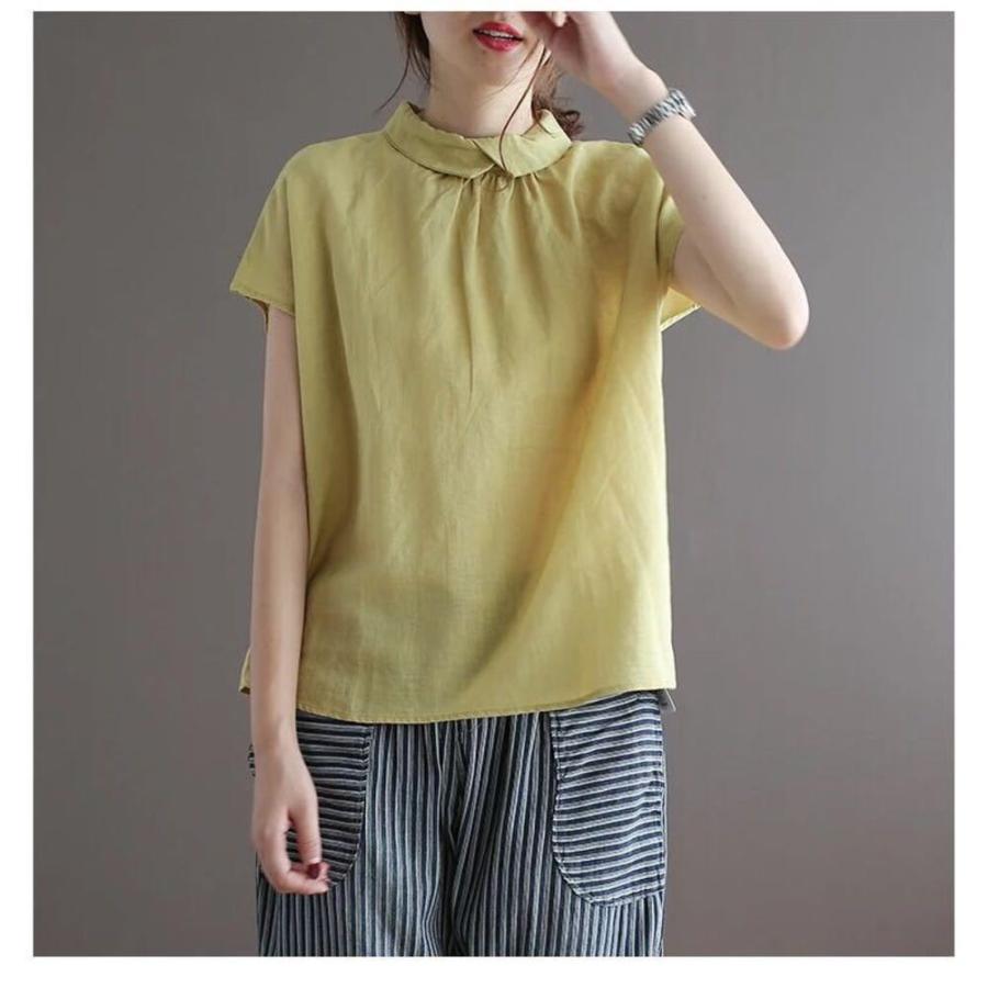 ☆イエロー☆リネンブラウス ykzmcs 襟付き ブラウス 半袖 シャツ プルオーバー トップス リネン 麻 フレンチスリーブ ギャザー