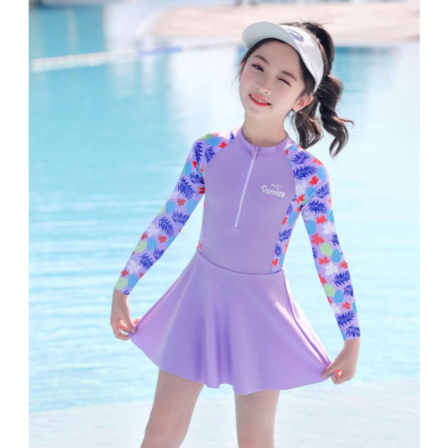 ☆ロングスリーブ×パープル☆130-140cm （3XLサイズ） ☆キッズ 水着 女の子 yswim5070 キッズ 水着 女の子 ワンピース ワンピ