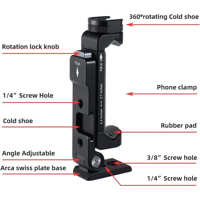 男女兼用 Arnarkok最軽量の金属製電話三脚マウントw回転可能なコールドシュー、垂直、水平,45度＆傾斜角度、1 ''ネジ三脚電話ホルダー互換  携帯電話アクセサリー
