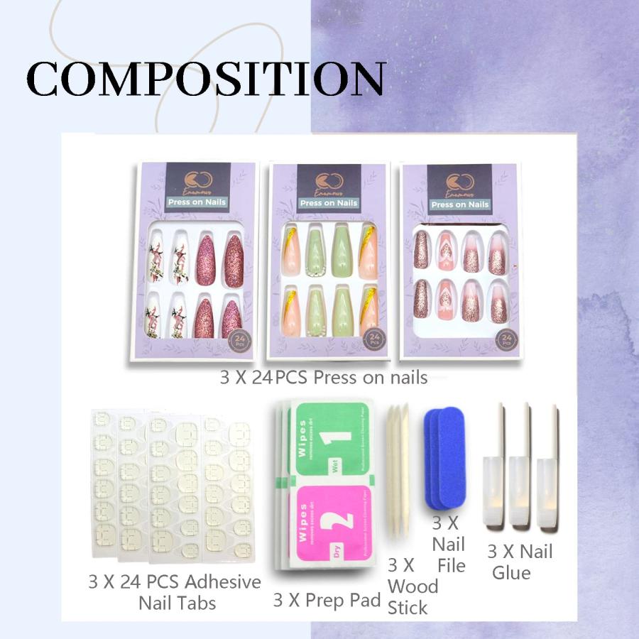 Press on Nails Long(3x24 Pcs), Enamour Fake Nails with Nail Glue 並行輸入品｜lucky39｜04