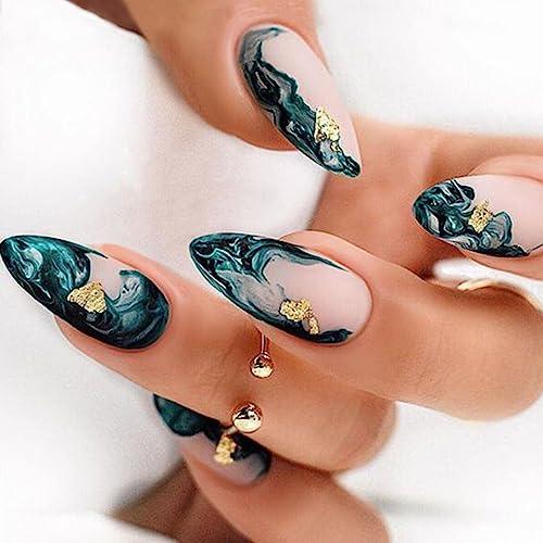 Press on Nails Almond Green Smudge False Nails Designs Medium Lo 並行輸入品｜lucky39｜02