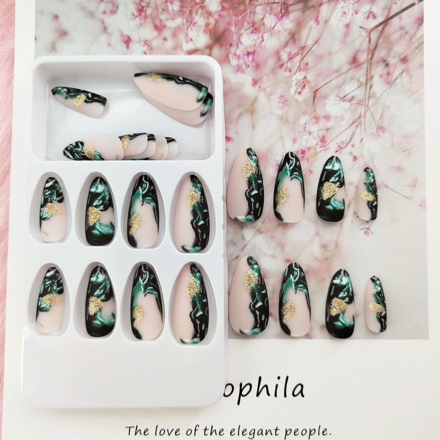 Press on Nails Almond Green Smudge False Nails Designs Medium Lo 並行輸入品｜lucky39｜04