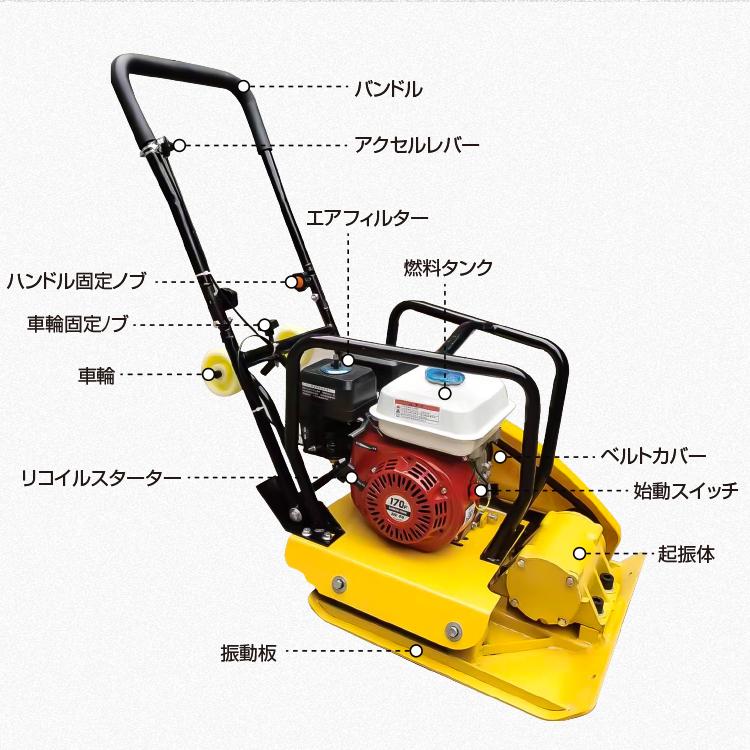 プレートコンパクター 転圧機 60kg 4サイクル エンジン式 舗装工事 起振力20kN 中折れハンドル ゴムマット付き 超大型 ny602h｜lucky9｜13