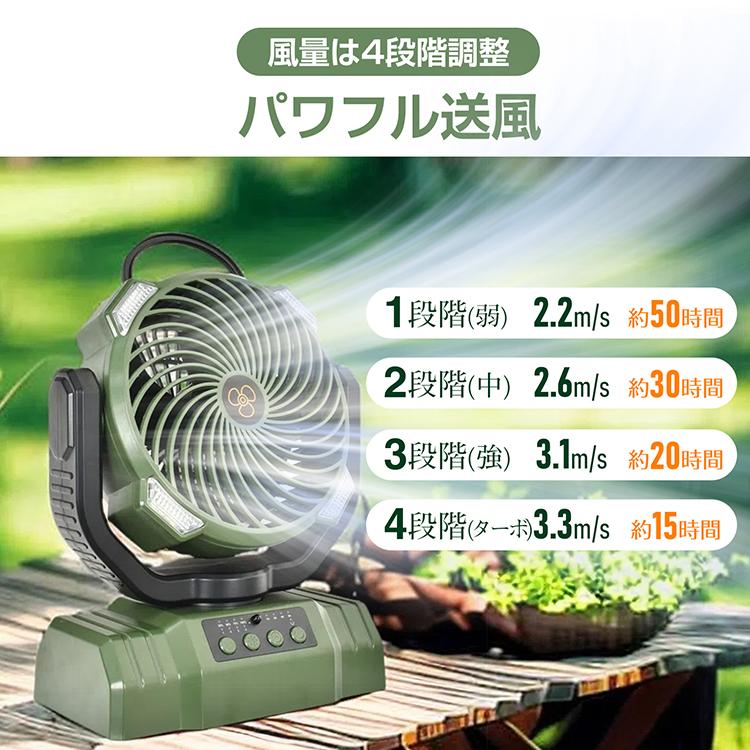 アウトドア充電式大容量20000mAh／LED付／4段階風量／タイマー付／濃いG 20000mAh大容量】扇風機 キャンプ 扇風機 アウトドア 自動首振り