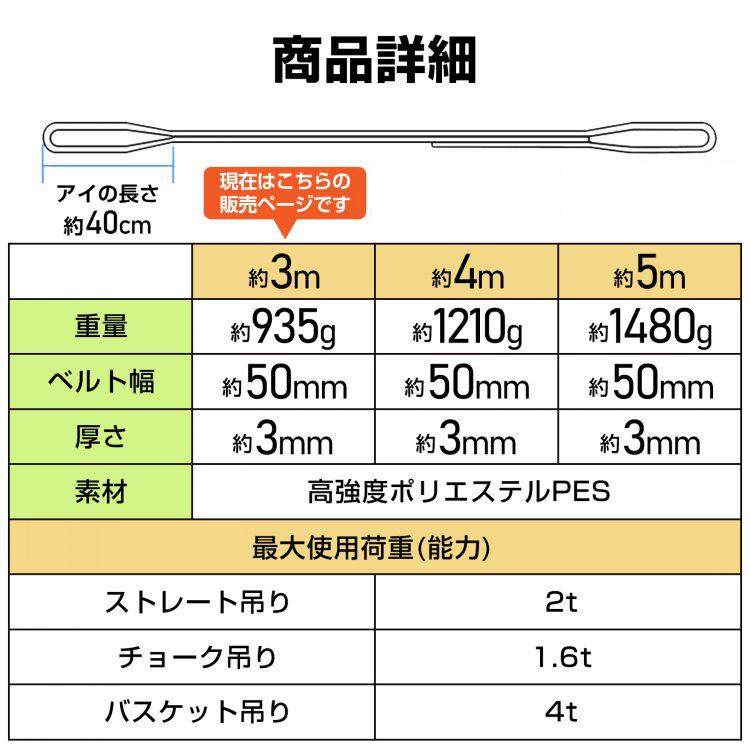 スリングベルト 3m 2本セット ポリエステル スリング 耐荷重2000kg 2t 幅50mm アイ型 ベルトスリング 運搬用 吊具 玉掛け クレーン sg177-3m｜lucky9｜09