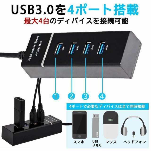 USB ハブ Hub 4ポート 3.0 対応 ケーブル 5Gbps コード 30センチ 高速 高速ハブ 高速転送 Windows Mac OS Linux 対応 拡張 軽量 ブラック｜luckybasket｜03