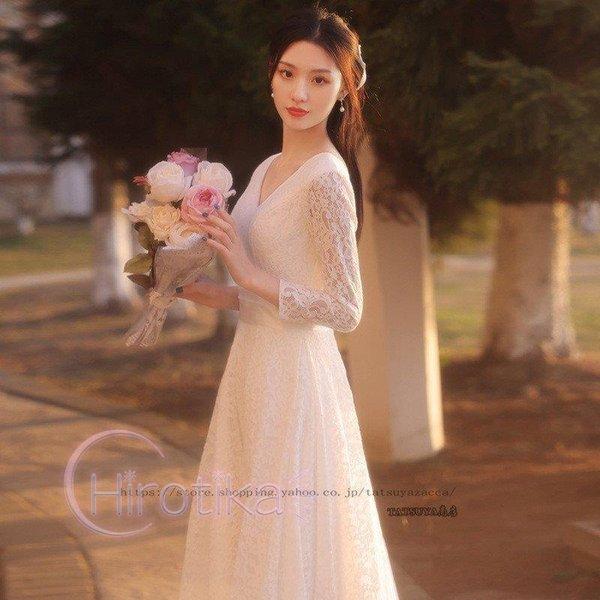 人気特価 ウェディングドレス 二次会 花嫁 結婚式 Aライン 長袖 シンプル ウエディングドレス 安い 白