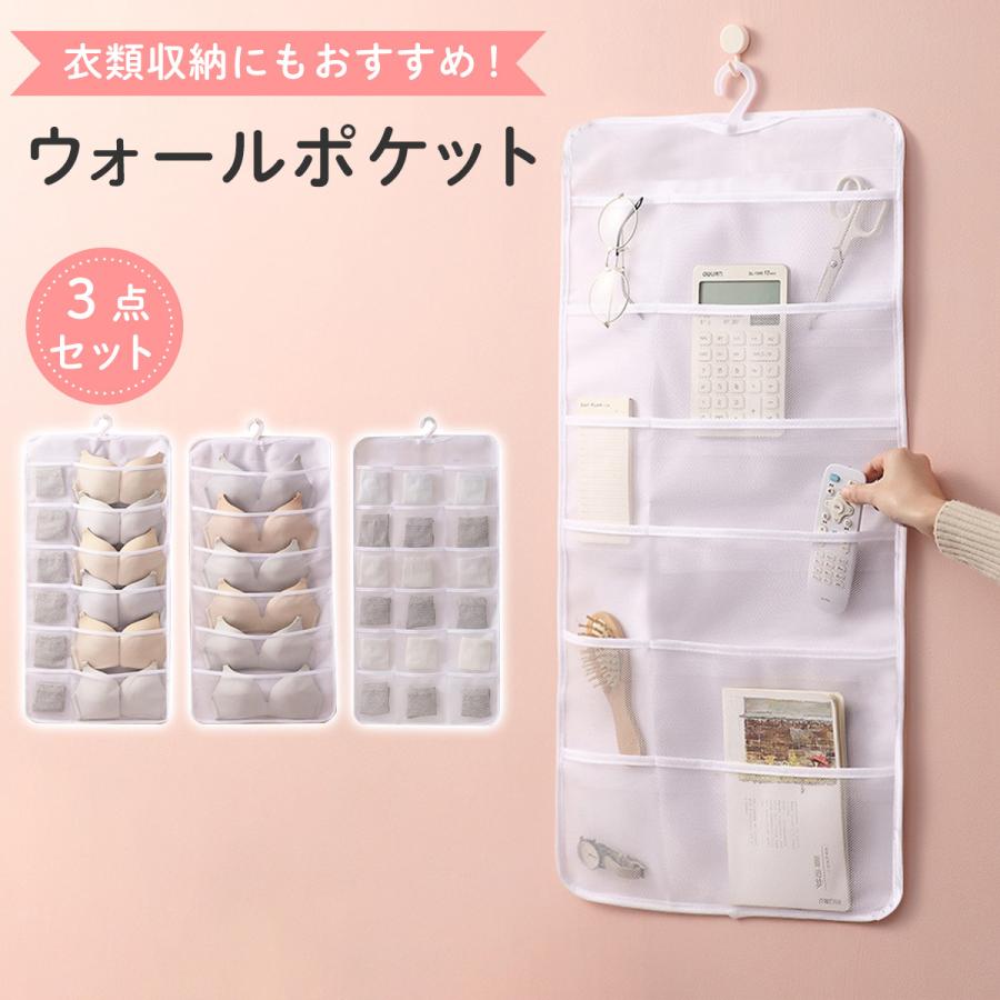 ウォールポケット3点セット 下着収納 壁掛け ポケット メッシュ クローゼット 吊り下げ収納 スリム 壁掛け収納 収納ポケット 隙間収納 北欧 おしゃれ 押入れ 世界の クリアスペース ハンガー式ウォールポケット