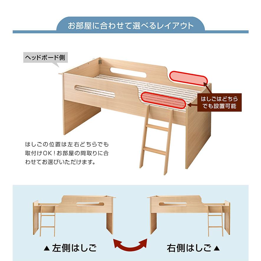 ロフトベッド ロー ミドルタイプ 高さ95 宮付き 棚付き コンセント すのこベッド 子供 大人 用 木製 白|ドローン 低・高反発マットレス付 【カティ】