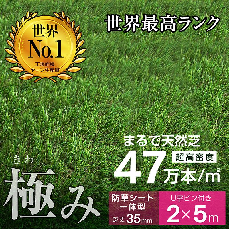 最高ランク 人工芝 ロール 2ｍ×5ｍ 芝丈35ｍｍ 防草シート一体型 超高密度47万本 芝生 人工芝生 グリーン 耐候性10年 固定ピン付 -ART（Yahoo!・ラッキーベッド Yahoo!店）