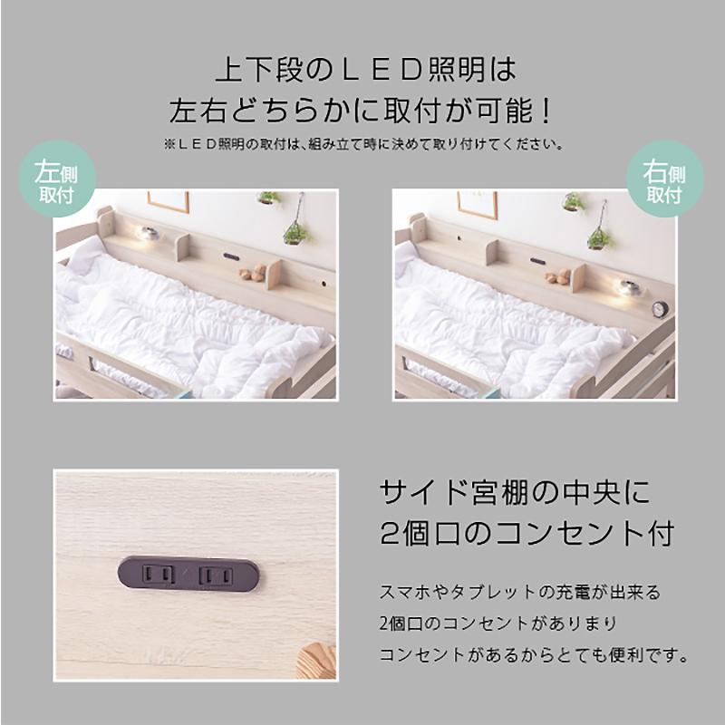 二段ベッド サイド宮棚付 LED照明付 2口コンセント付 分割 分離 子供 コンパクト おしゃれ 北欧 耐荷重500kg ミリオンオリーブ (エアーアートマットレス２枚付)_13