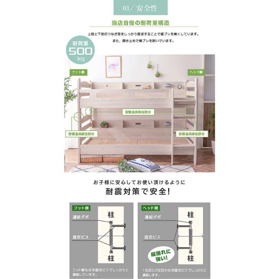 二段ベッド サイド宮棚付 LED照明付 2口コンセント付 分割 分離 子供 コンパクト おしゃれ 北欧 耐荷重500kg ミリオンオリーブ (エアーアートマットレス２枚付)_14