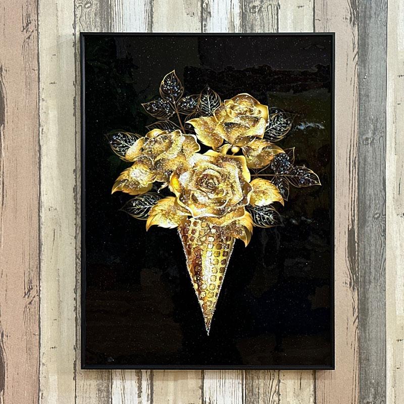 「青い花束」　花束の抽象画 金色フレーム付き 絵画 すずらん インテリア 「巡る幸せを花束に」 玄関 風水 運気