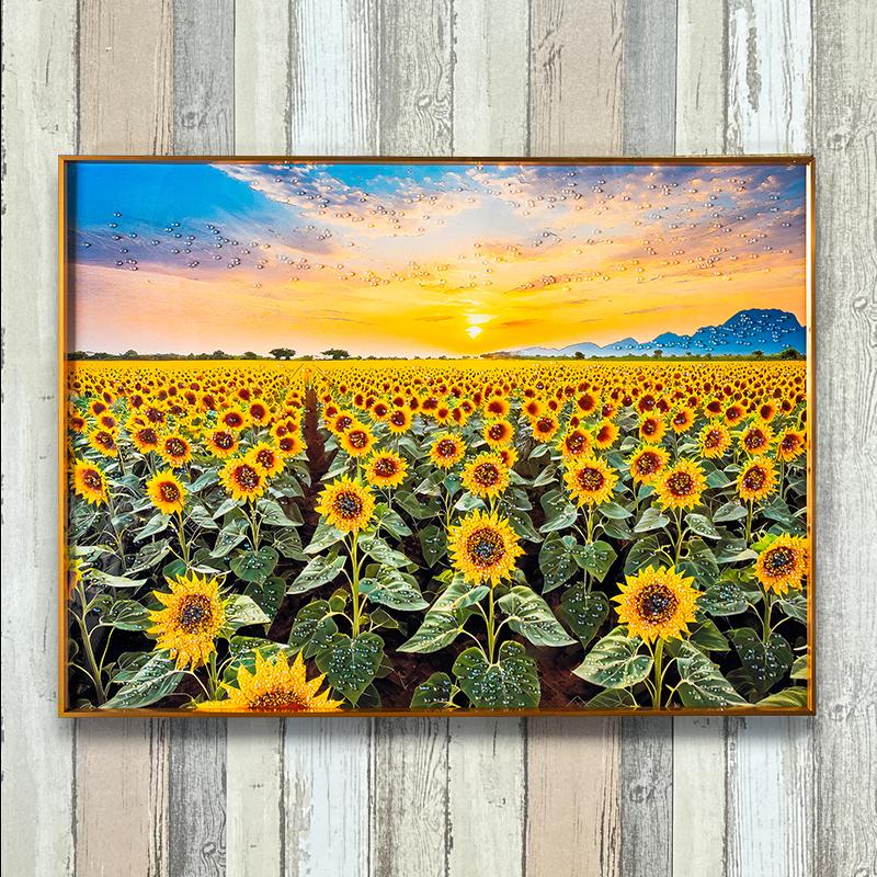 水晶パネル アートパネル 60×80cm 風景 ひまわり 向日葵 朝日 黒