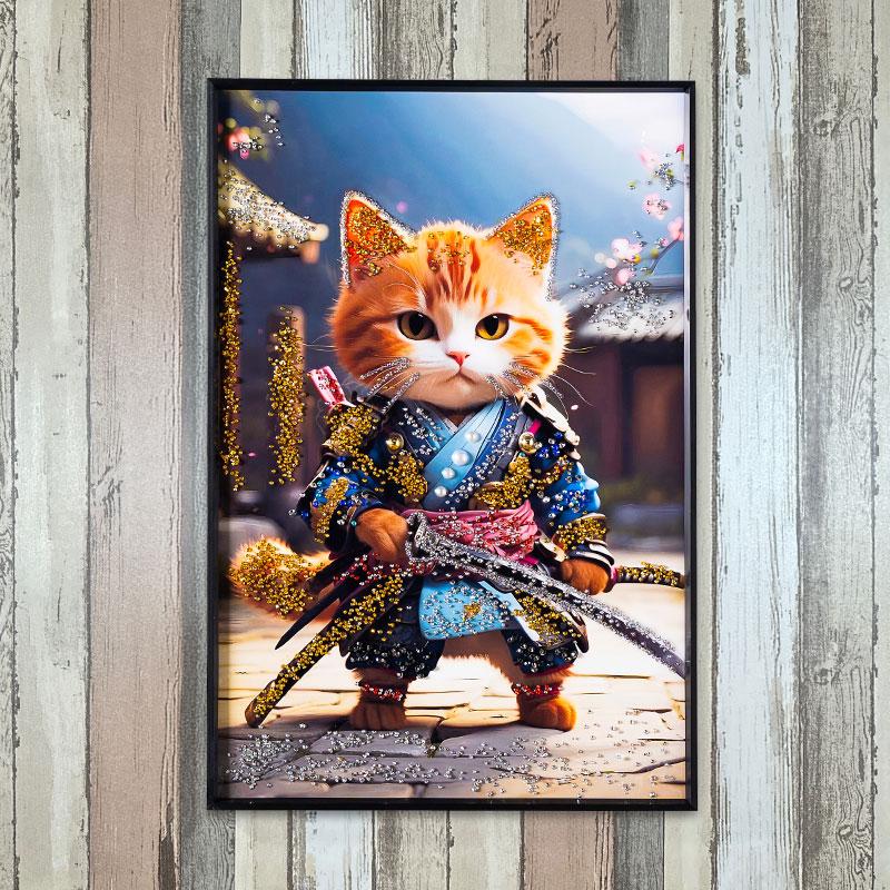 水晶パネル アートパネル 40×60cm 60×40cm 猫 ねこ 侍 黒フレーム付き