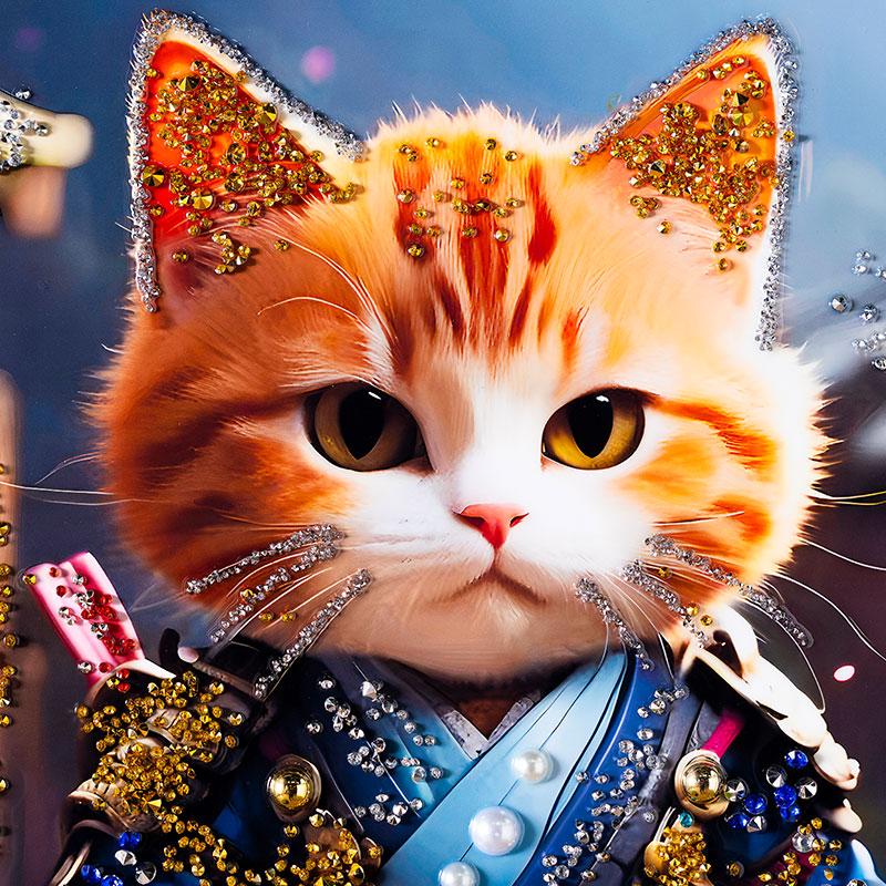 水晶パネル アートパネル 40×60cm 60×40cm 猫 ねこ 侍 黒フレーム付き