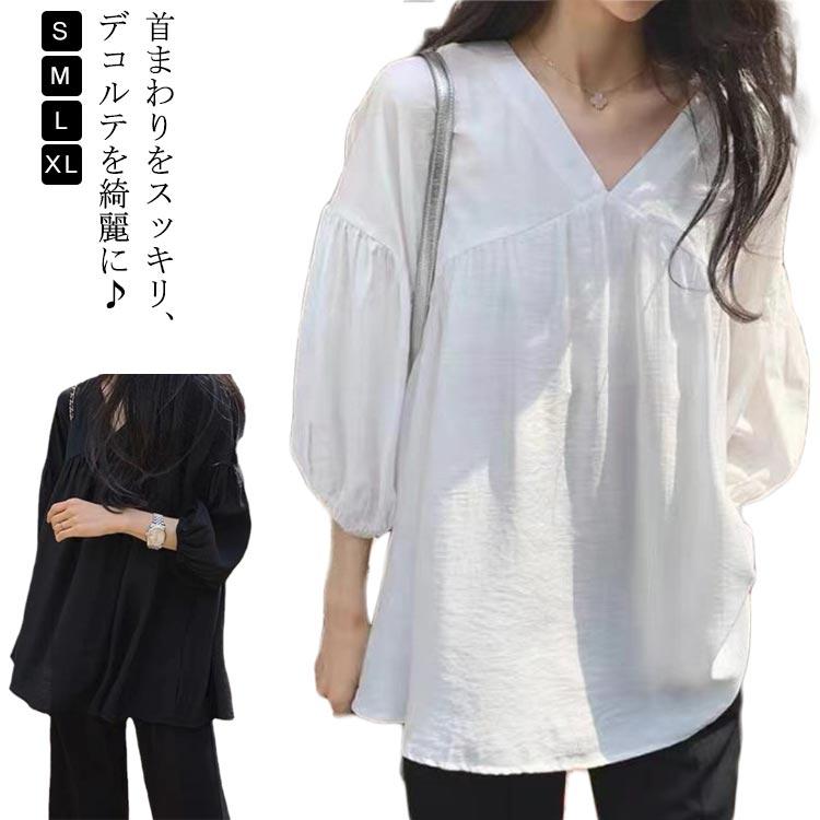 通勤 ふんわり パフスリーブ OL 胸元ギャザー 体型カバー きれいめ 