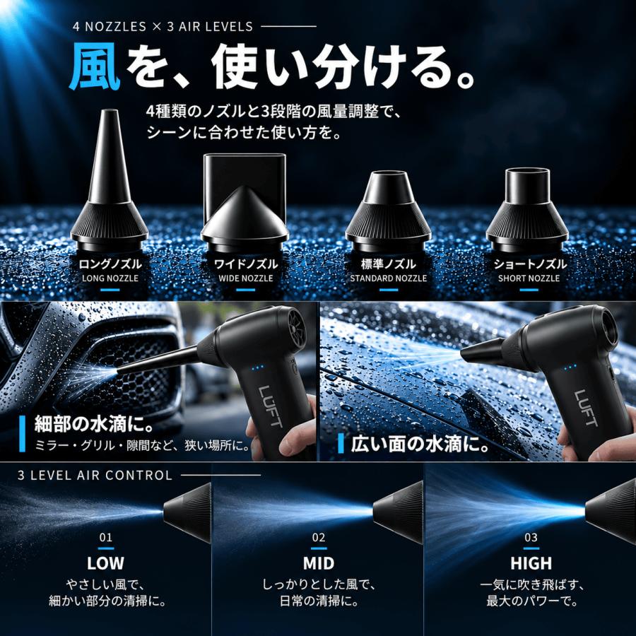 ブロワー 洗車 充電式 小型 コードレス エアダスター 3段階風量調整 ノズル4種 専用ハードケース付き LUFT ルフト |  | 04