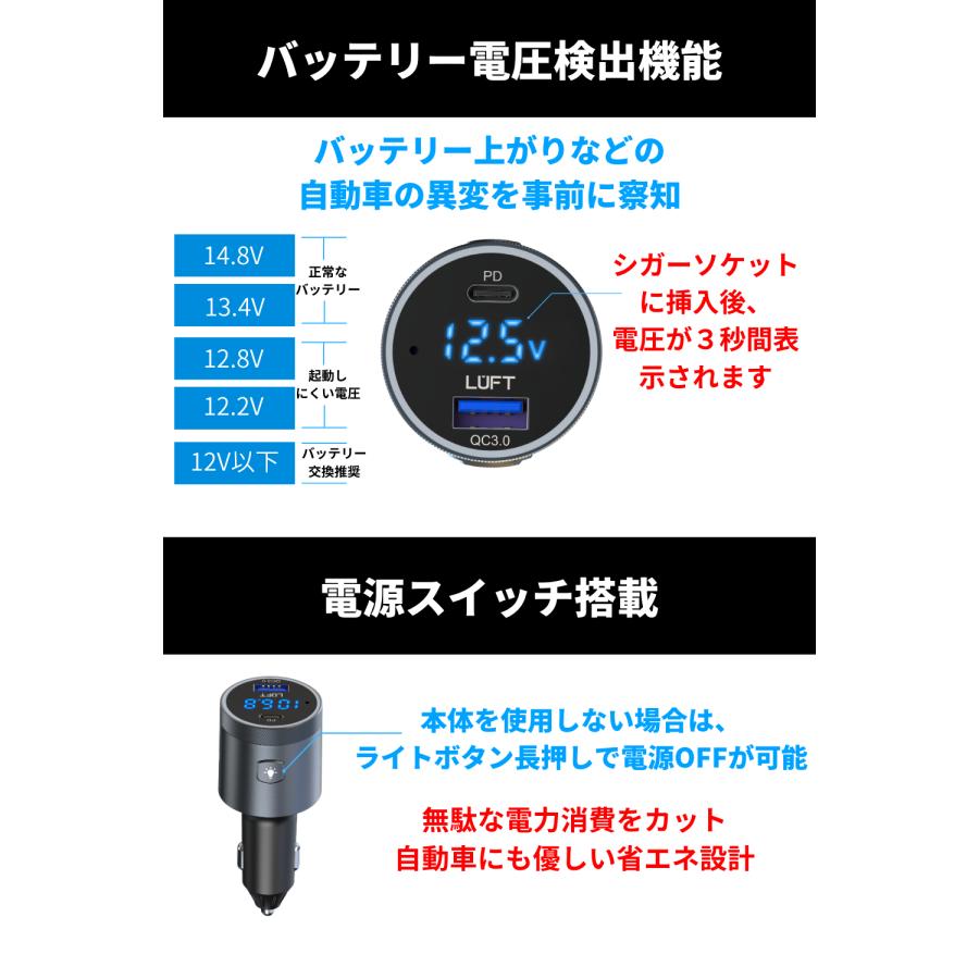 FMトランスミッター Bluetooth 5.3 高音質 車載 12V 24V車対応 iphone USBメモリ LUFT | LUFT（カー用品） | 18