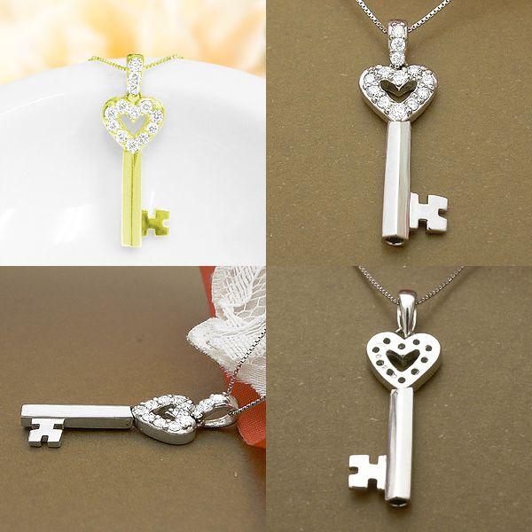 ペンダントネックレス K18YG PG WG 0.25ct スウィングハート 鍵 key SI 