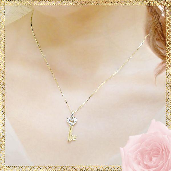 ペンダントネックレス K18YG PG WG 0.25ct スウィングハート 鍵 key SI 