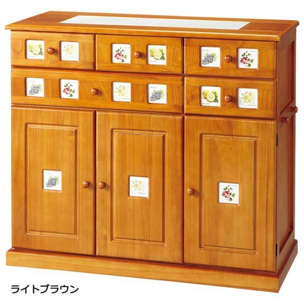 南欧風キッチンカウンター/キッチン収納 〔約幅90cm ライトブラウン〕 木製 タイル貼り天板 隠しキャスター付き