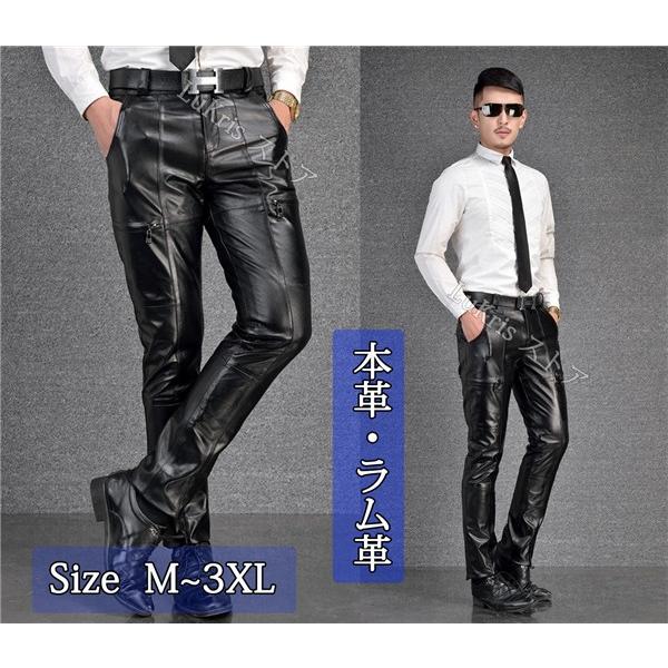 ラム革　本革 レザーパンツ 羊革パン ライダースパンツ メンズ　大きいサイズあり　スキニー ボトムス スリム ストレート シルエット フォーマルタイト
