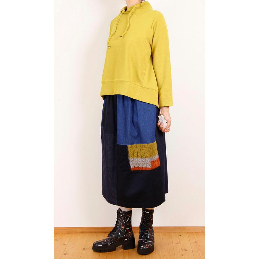 【美品試着のみ】M. & KYOKO ロングスカート デニムチェックパッチワーク M.&KYOKO（エムアンドキョウコ） 佐藤繊維デニムパッチワークスカート