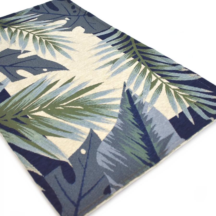 玄関マット 屋内 80&times;140cm （オアシス） 洗える 大きめ リーフ柄 ブルー グリーン シェニール ゴブラン織り 滑り止め加工 マット 大判