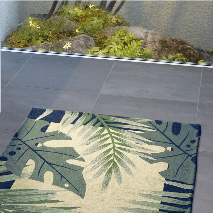 玄関マット 屋内 80&times;140cm （オアシス） 洗える 大きめ リーフ柄 ブルー グリーン シェニール ゴブラン織り 滑り止め加工 マット 大判